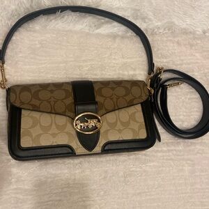 Coach Georgie Blocked Signature Canvas Snake Embossed Leather Shoulder Bag
